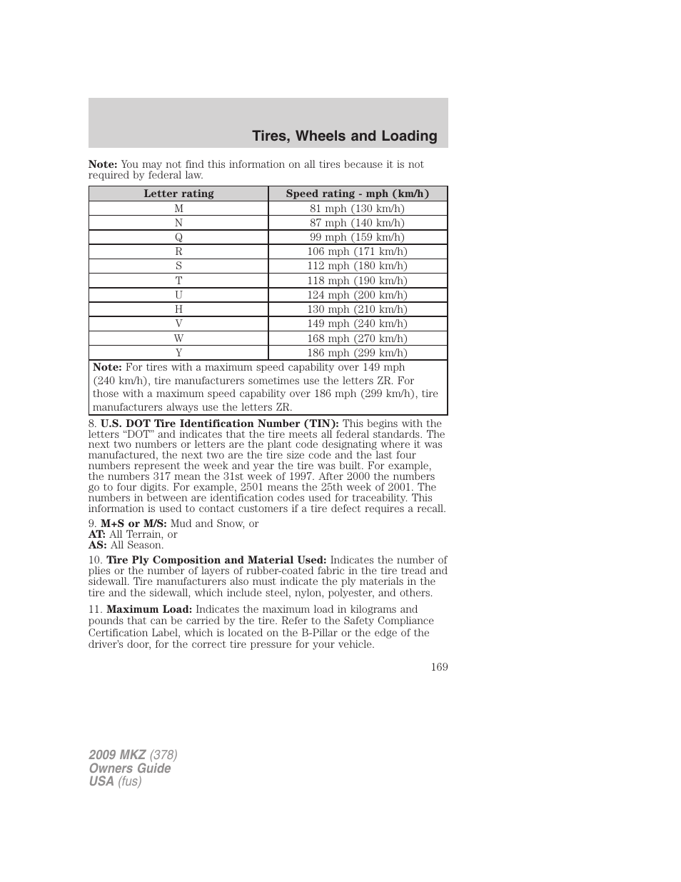 Tires, wheels and loading | Lincoln 2009 MKZ User Manual | Page 169 / 292