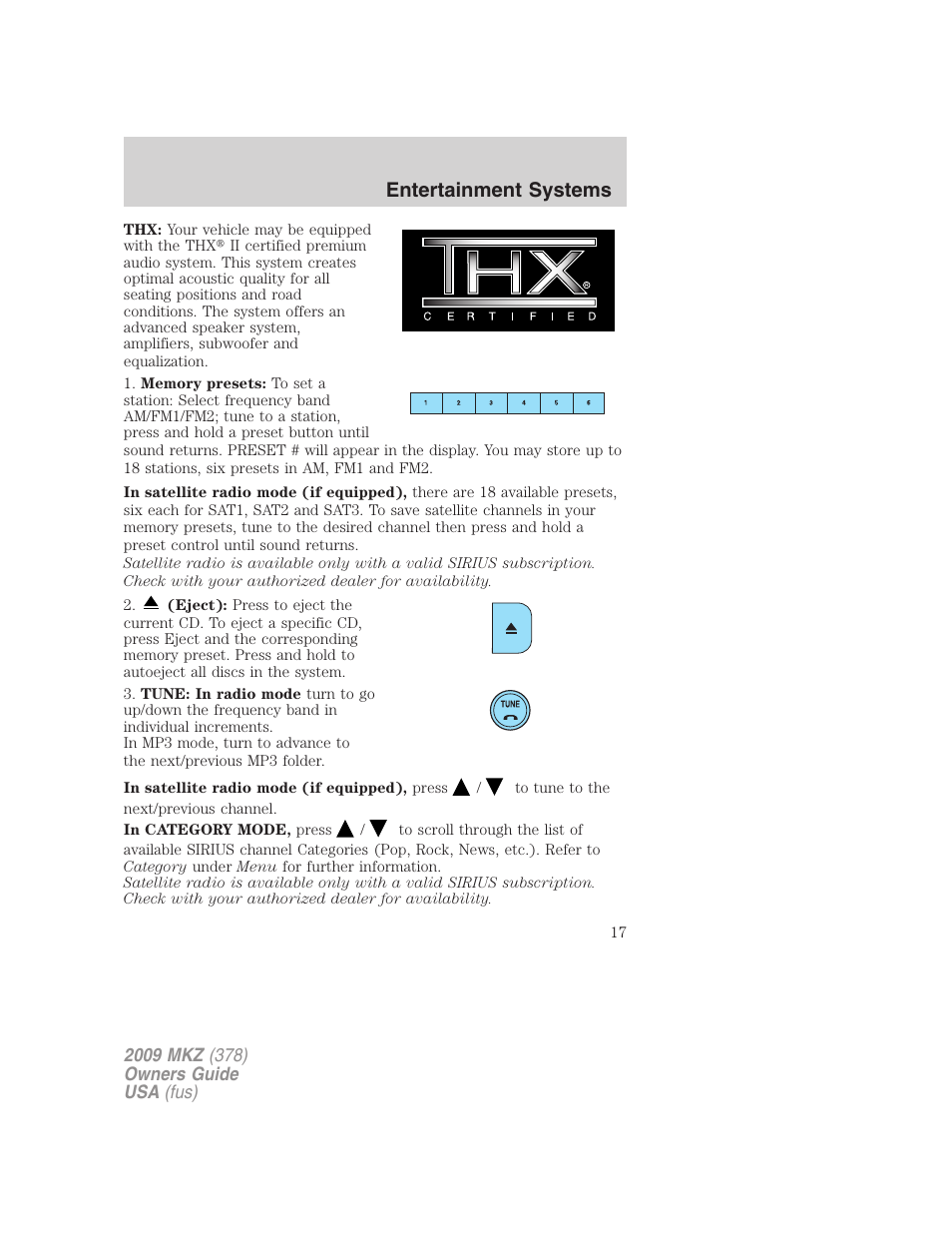 Entertainment systems | Lincoln 2009 MKZ User Manual | Page 17 / 292
