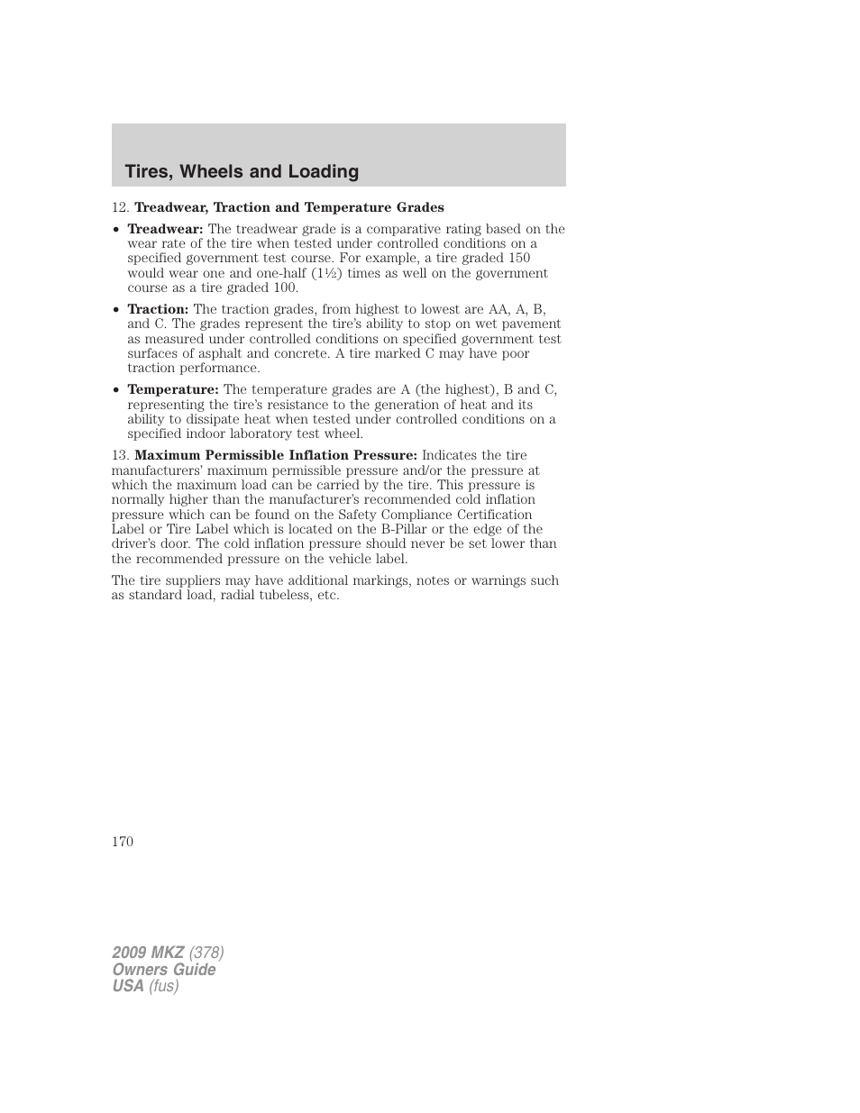 Tires, wheels and loading | Lincoln 2009 MKZ User Manual | Page 170 / 292