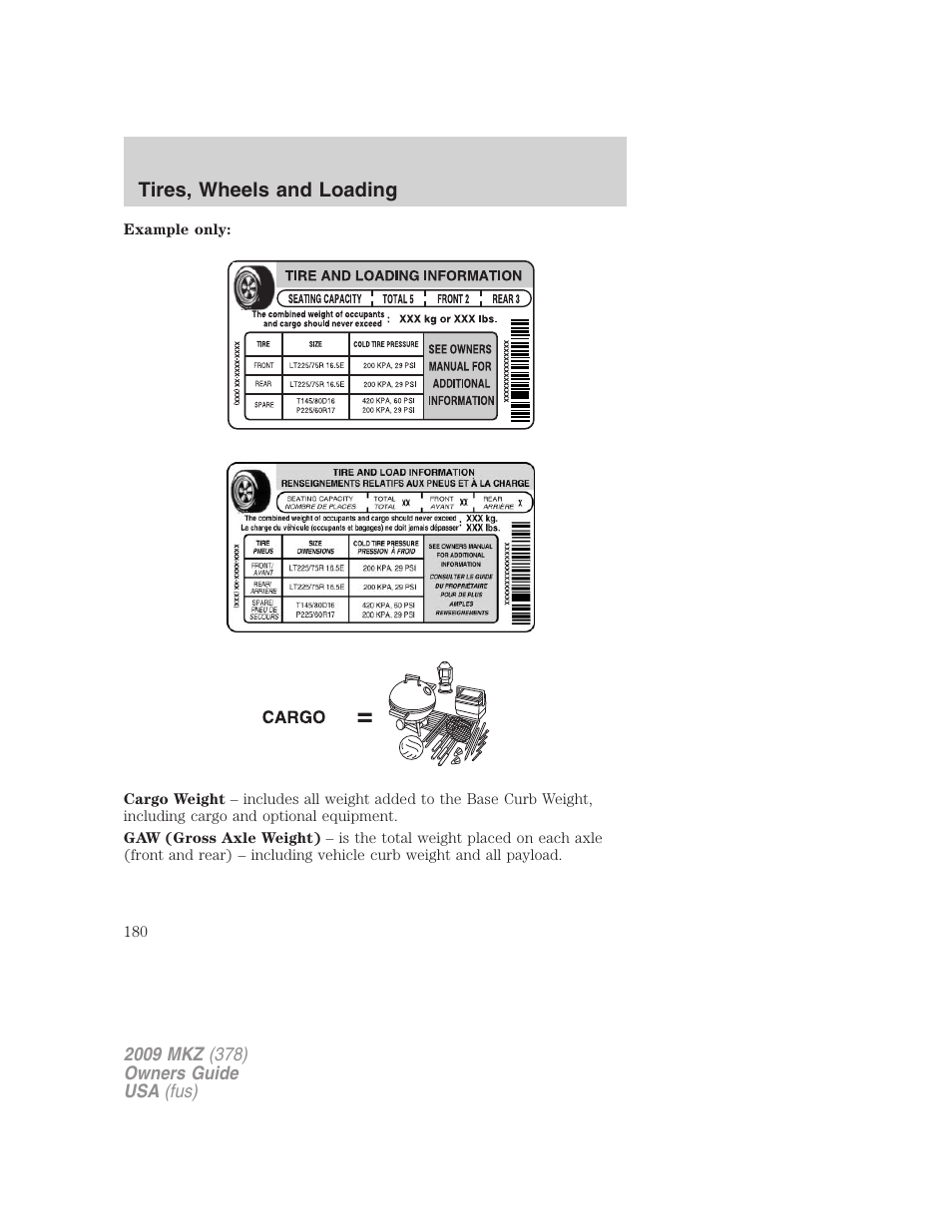 Tires, wheels and loading | Lincoln 2009 MKZ User Manual | Page 180 / 292