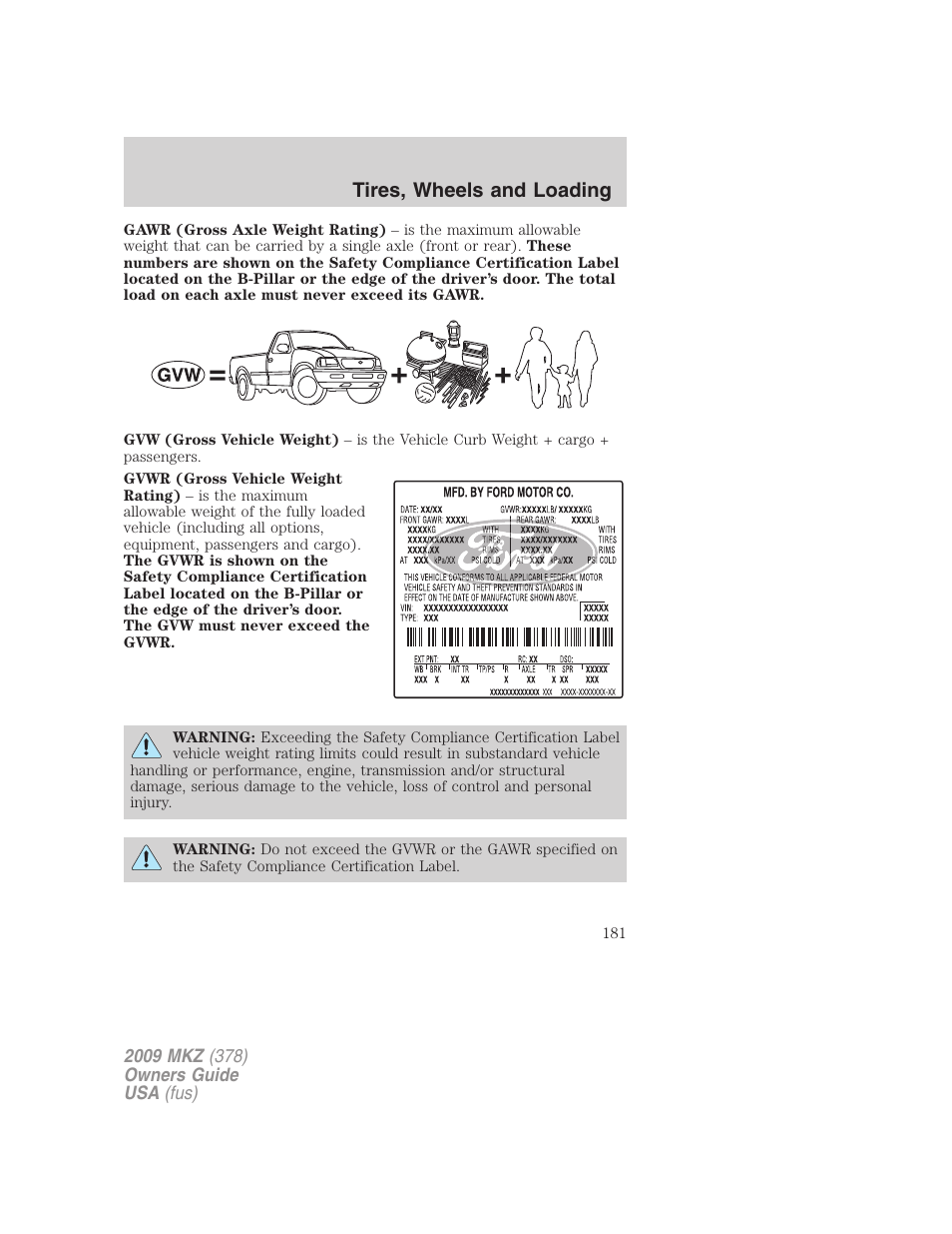 Tires, wheels and loading | Lincoln 2009 MKZ User Manual | Page 181 / 292