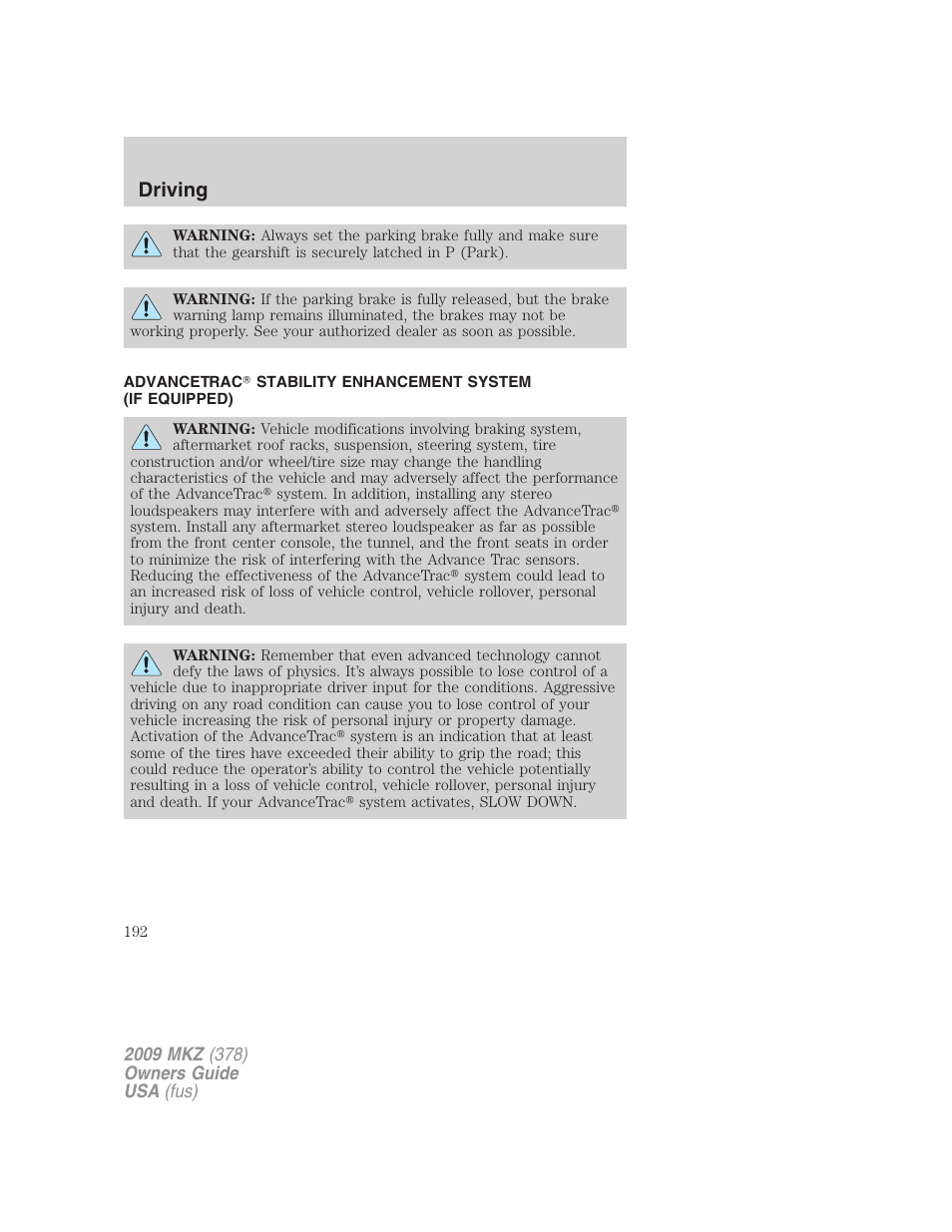 Advancetrac, Driving | Lincoln 2009 MKZ User Manual | Page 192 / 292