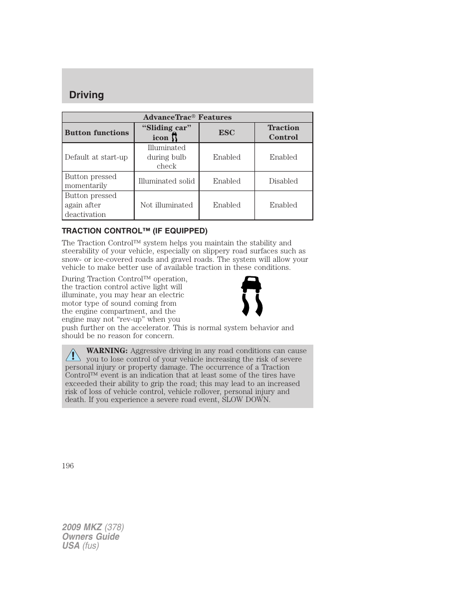 Traction control™ (if equipped), Traction control, Driving | Lincoln 2009 MKZ User Manual | Page 196 / 292