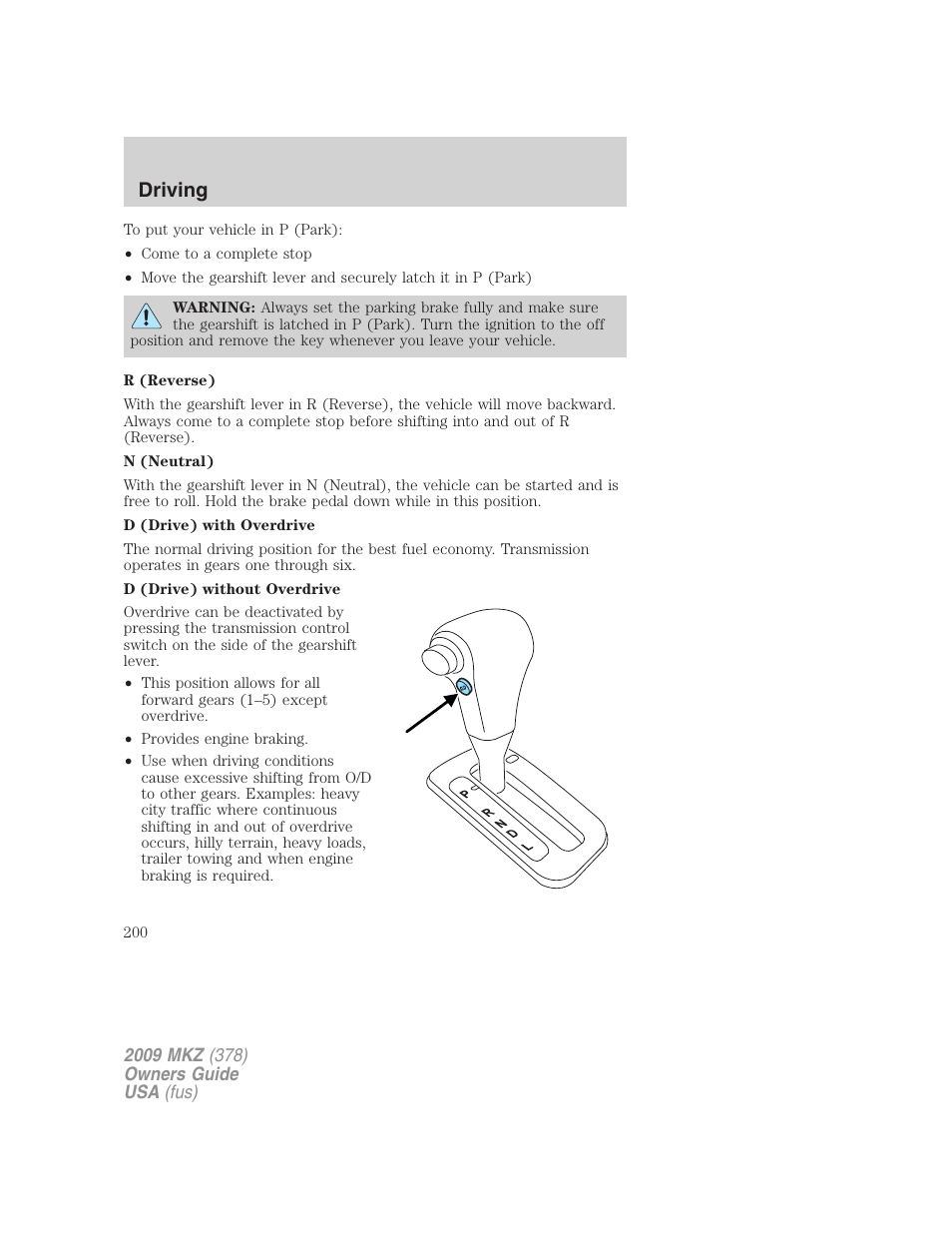 Driving | Lincoln 2009 MKZ User Manual | Page 200 / 292