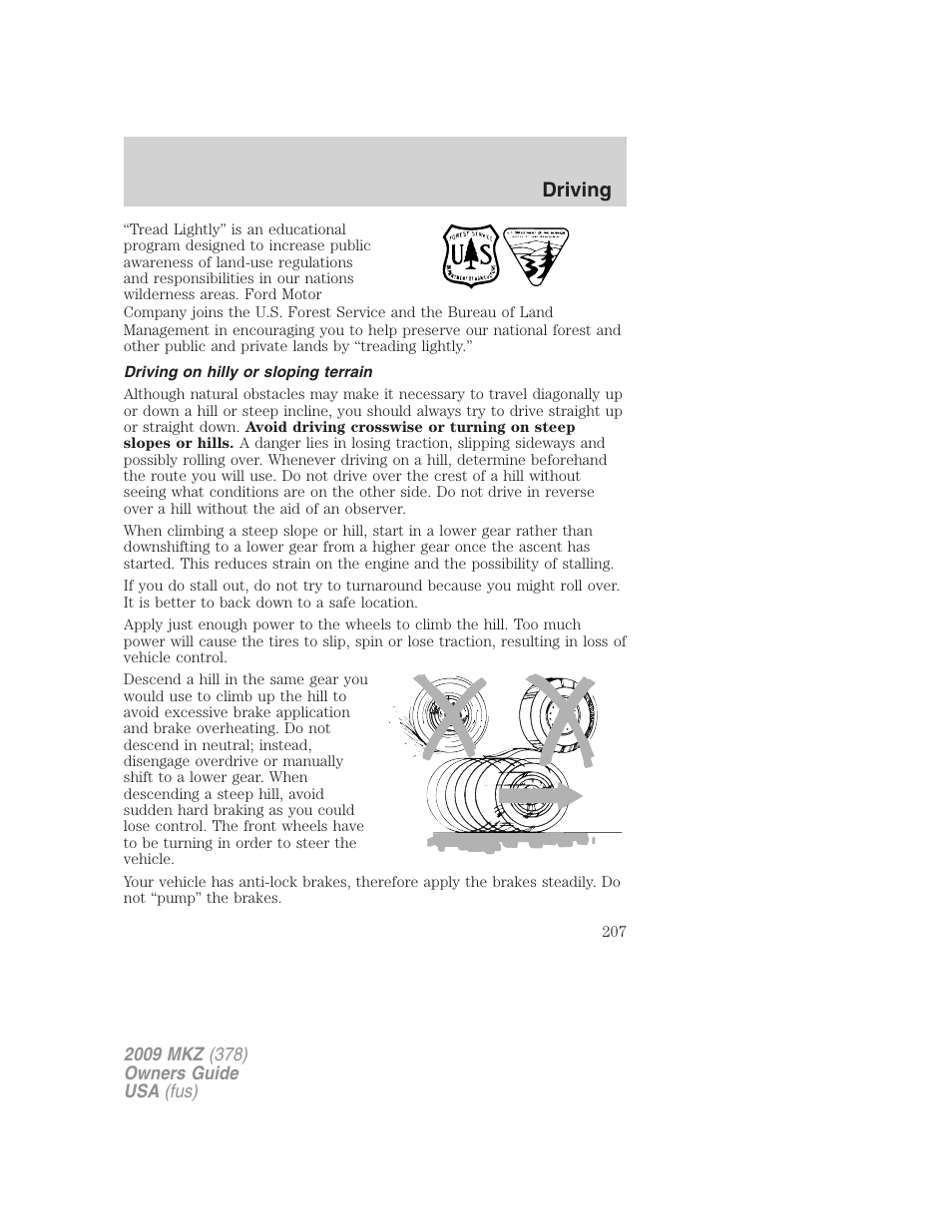 Driving on hilly or sloping terrain, Driving | Lincoln 2009 MKZ User Manual | Page 207 / 292