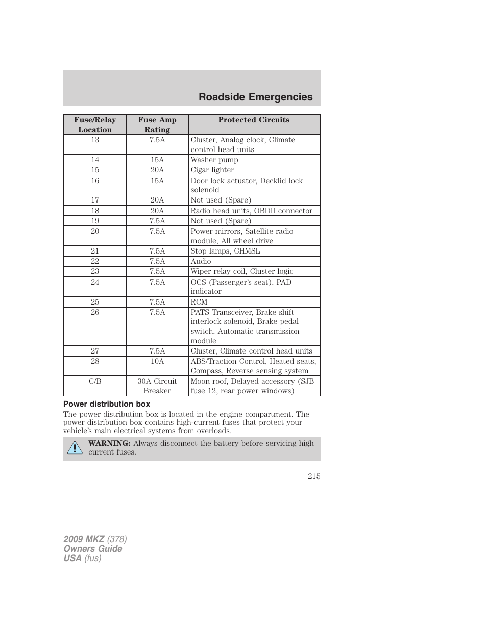 Power distribution box, Roadside emergencies | Lincoln 2009 MKZ User Manual | Page 215 / 292