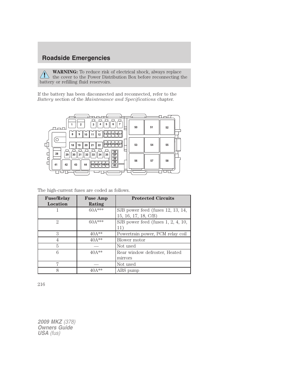 Roadside emergencies | Lincoln 2009 MKZ User Manual | Page 216 / 292