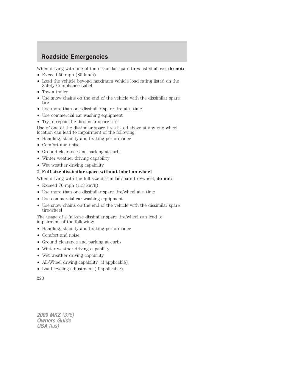 Roadside emergencies | Lincoln 2009 MKZ User Manual | Page 220 / 292