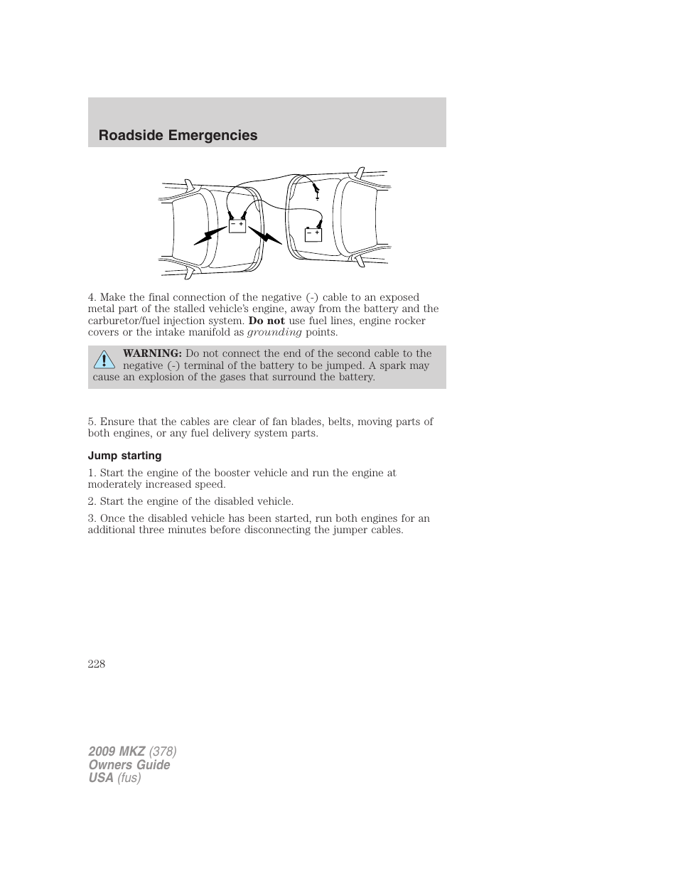 Jump starting, Roadside emergencies | Lincoln 2009 MKZ User Manual | Page 228 / 292