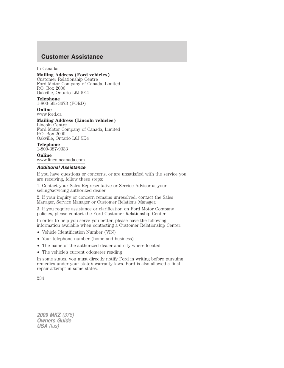 Additional assistance, Customer assistance | Lincoln 2009 MKZ User Manual | Page 234 / 292