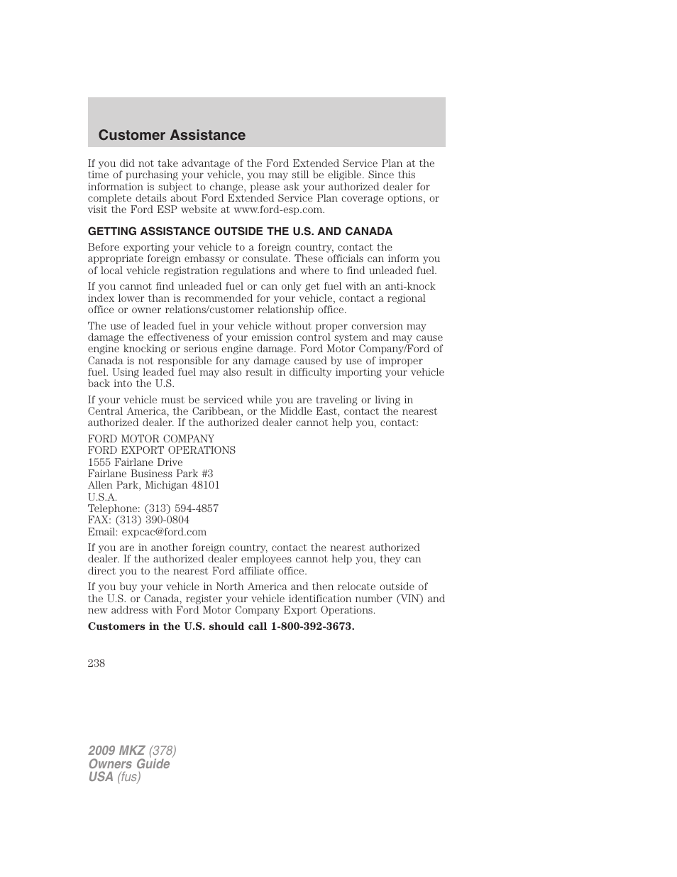 Getting assistance outside the u.s. and canada, Customer assistance | Lincoln 2009 MKZ User Manual | Page 238 / 292