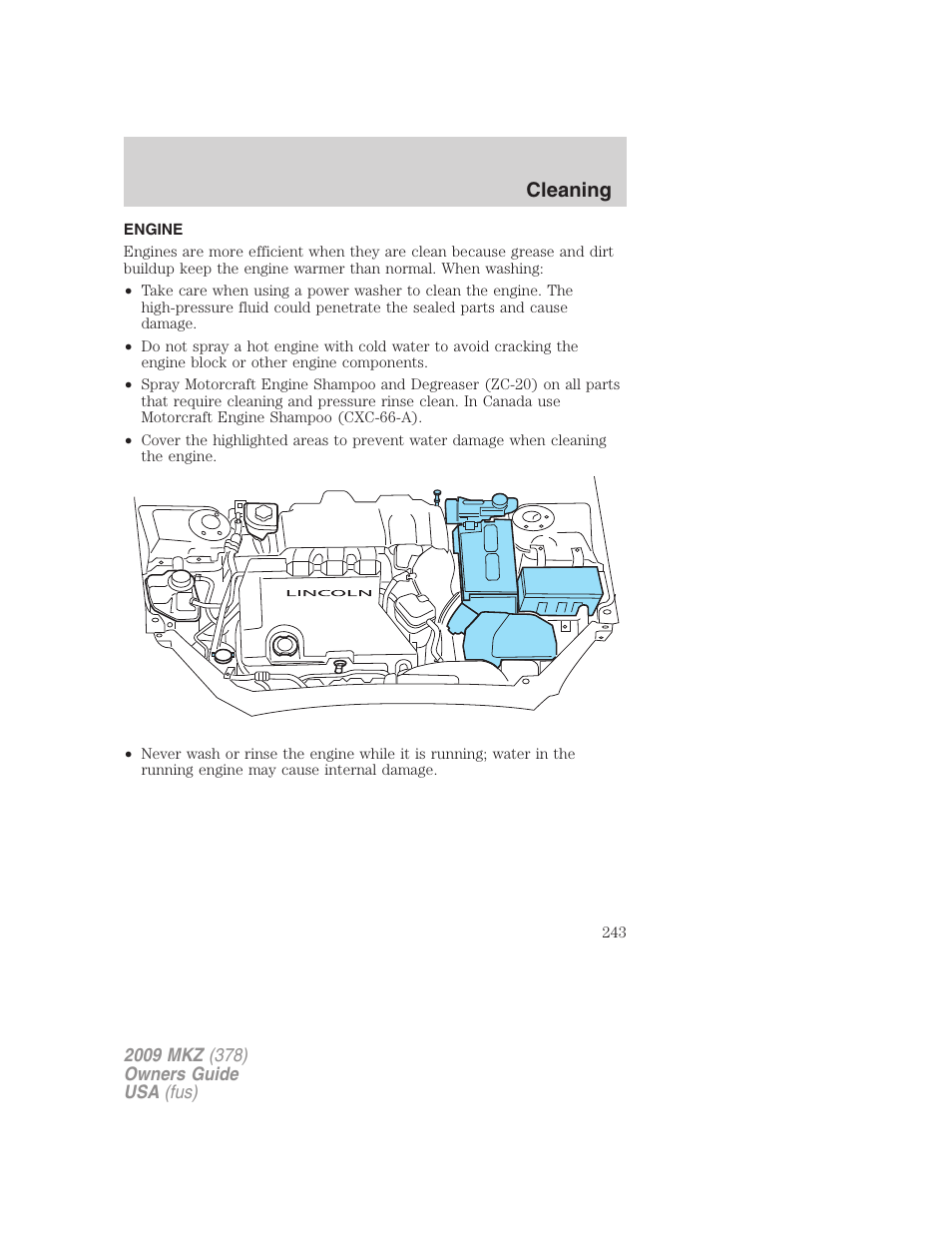 Engine, Cleaning | Lincoln 2009 MKZ User Manual | Page 243 / 292