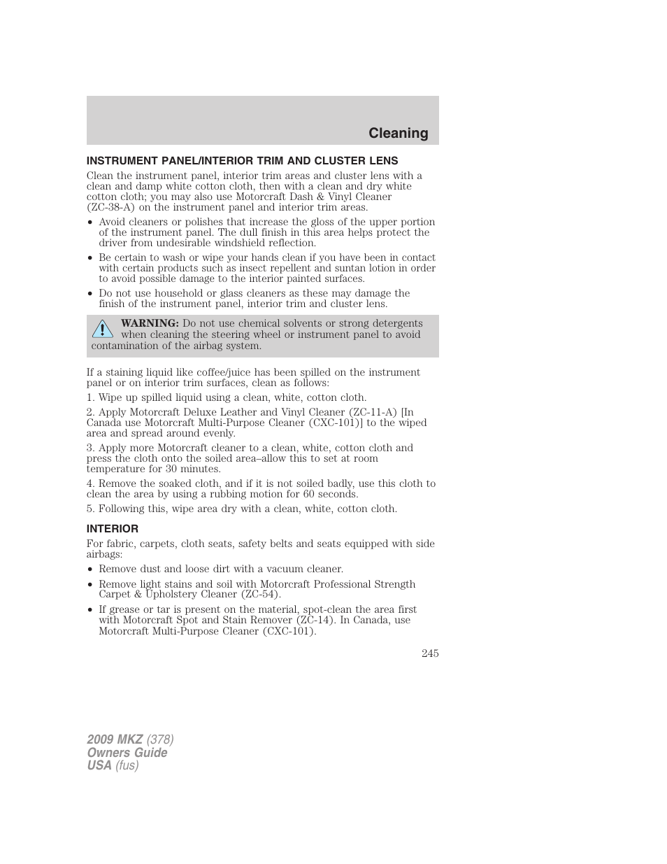 Instrument panel/interior trim and cluster lens, Interior, Cleaning | Lincoln 2009 MKZ User Manual | Page 245 / 292