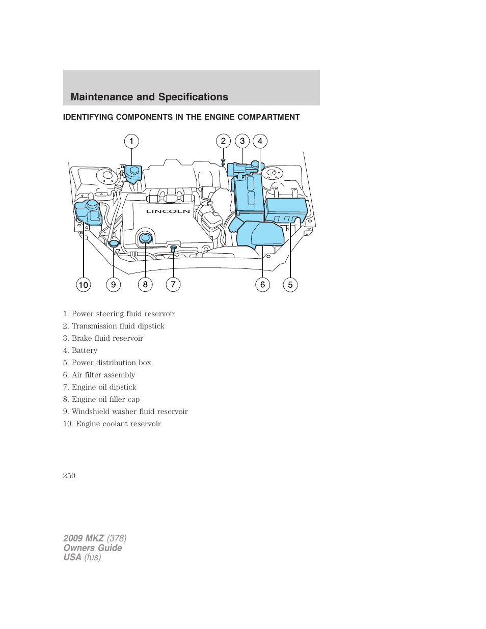 Identifying components in the engine compartment, Engine compartment, Maintenance and specifications | Lincoln 2009 MKZ User Manual | Page 250 / 292