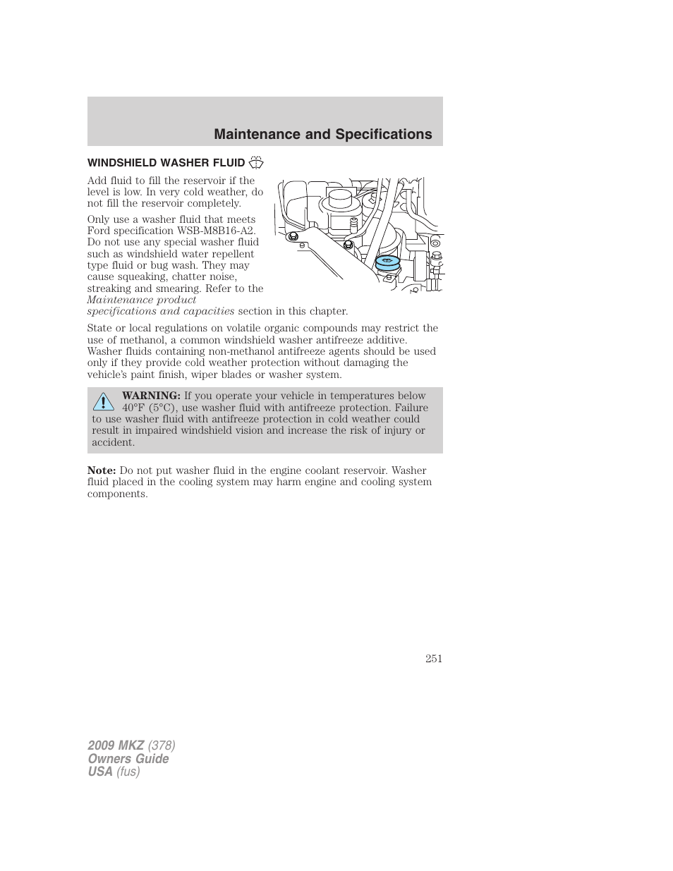 Windshield washer fluid, Maintenance and specifications | Lincoln 2009 MKZ User Manual | Page 251 / 292