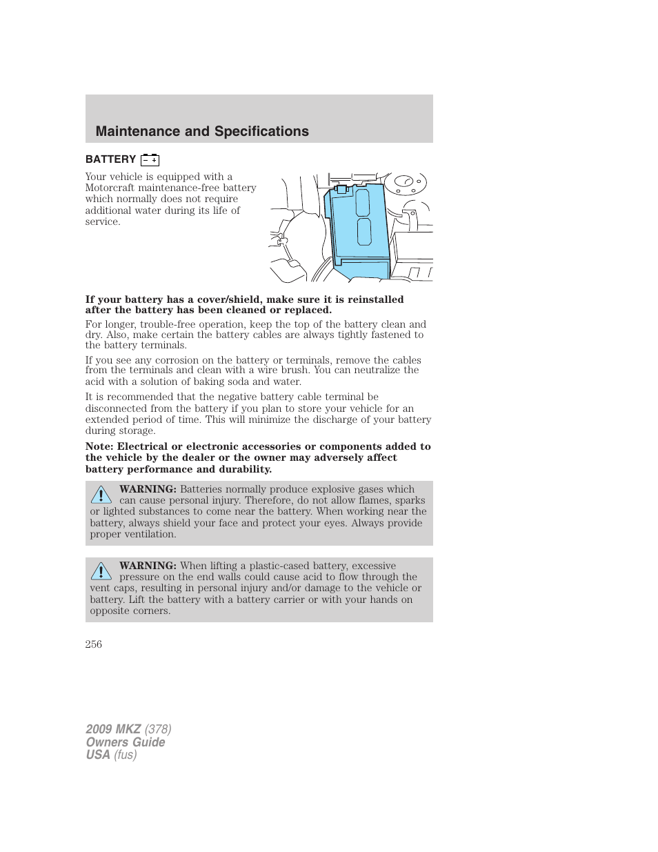 Battery, Maintenance and specifications | Lincoln 2009 MKZ User Manual | Page 256 / 292