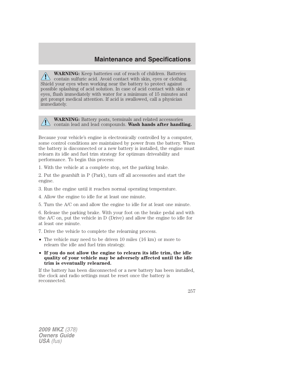 Maintenance and specifications | Lincoln 2009 MKZ User Manual | Page 257 / 292