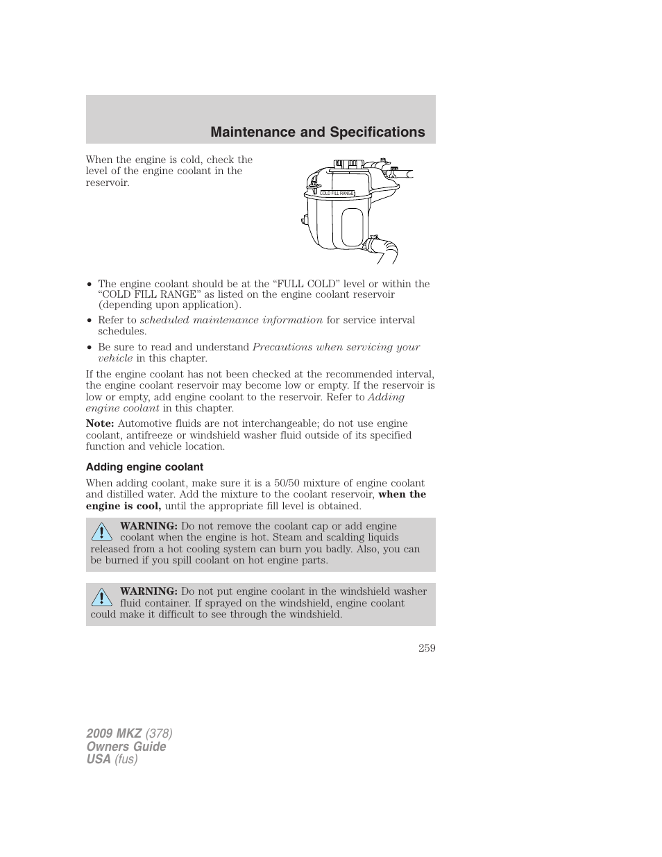 Adding engine coolant, Maintenance and specifications | Lincoln 2009 MKZ User Manual | Page 259 / 292