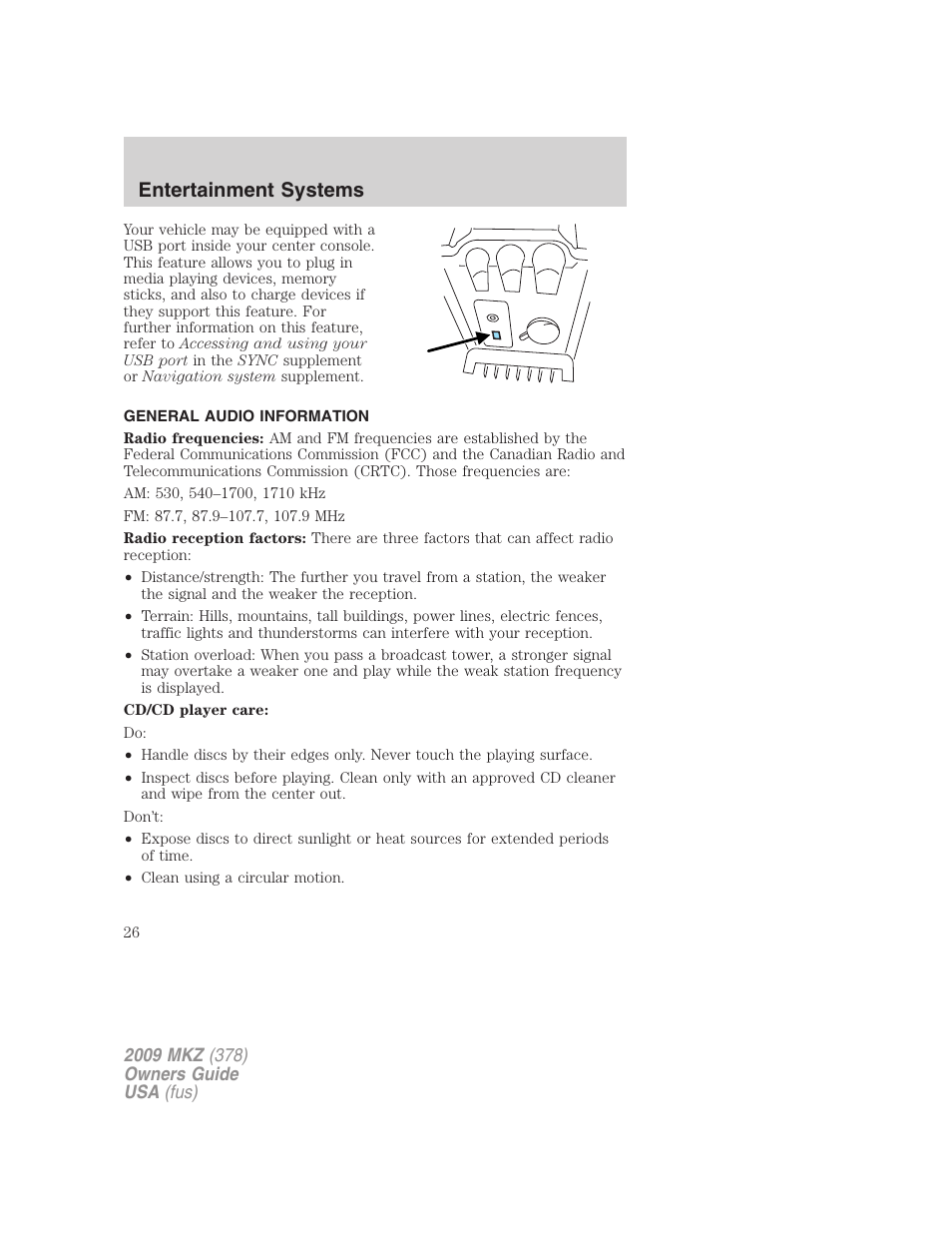 General audio information, Entertainment systems | Lincoln 2009 MKZ User Manual | Page 26 / 292
