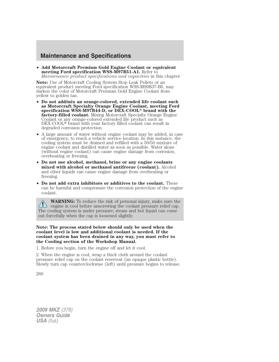 Maintenance and specifications | Lincoln 2009 MKZ User Manual | Page 260 / 292