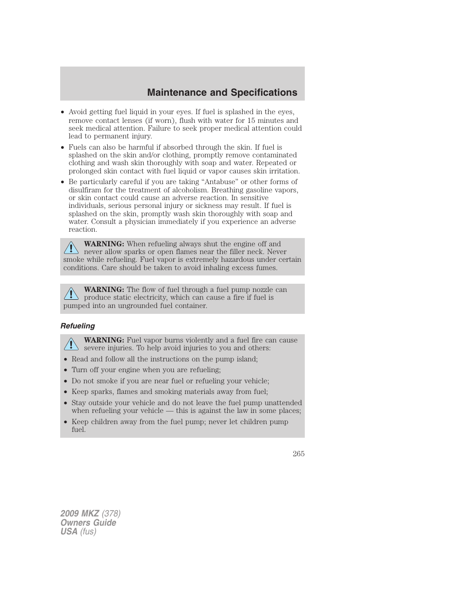 Refueling, Maintenance and specifications | Lincoln 2009 MKZ User Manual | Page 265 / 292