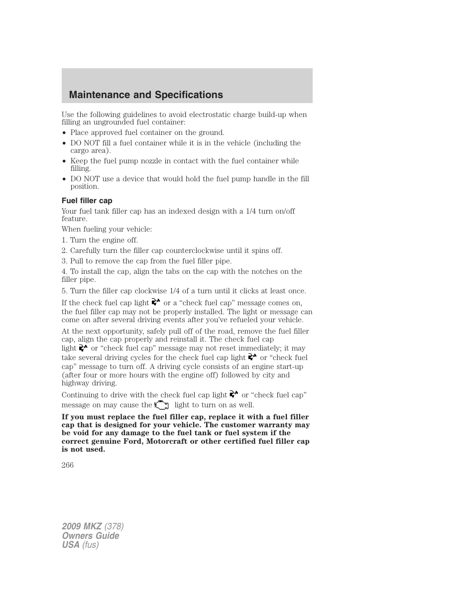 Fuel filler cap, Maintenance and specifications | Lincoln 2009 MKZ User Manual | Page 266 / 292