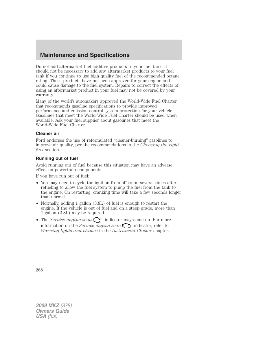 Cleaner air, Running out of fuel, Maintenance and specifications | Lincoln 2009 MKZ User Manual | Page 268 / 292