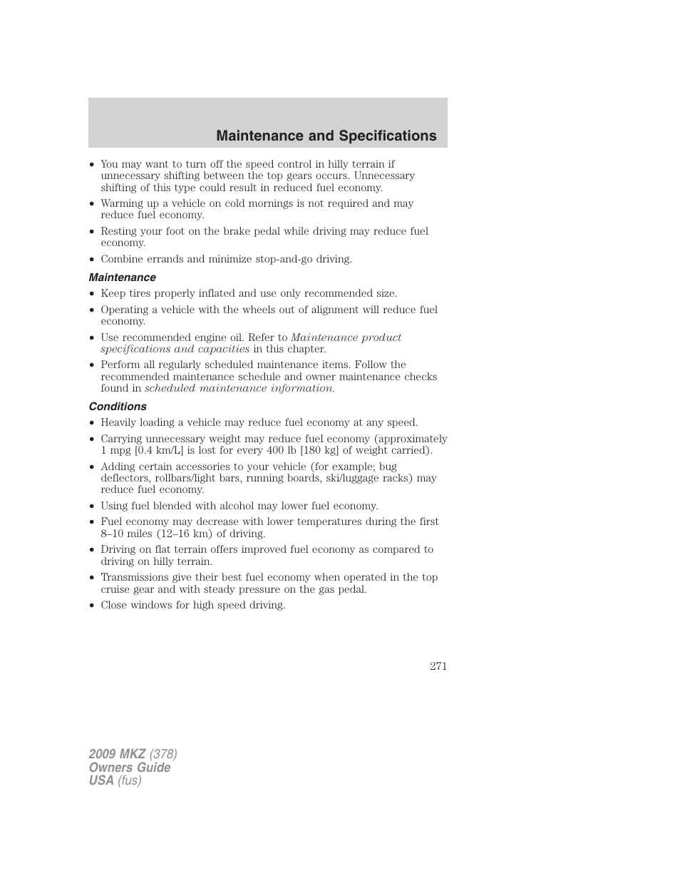 Maintenance, Conditions, Maintenance and specifications | Lincoln 2009 MKZ User Manual | Page 271 / 292