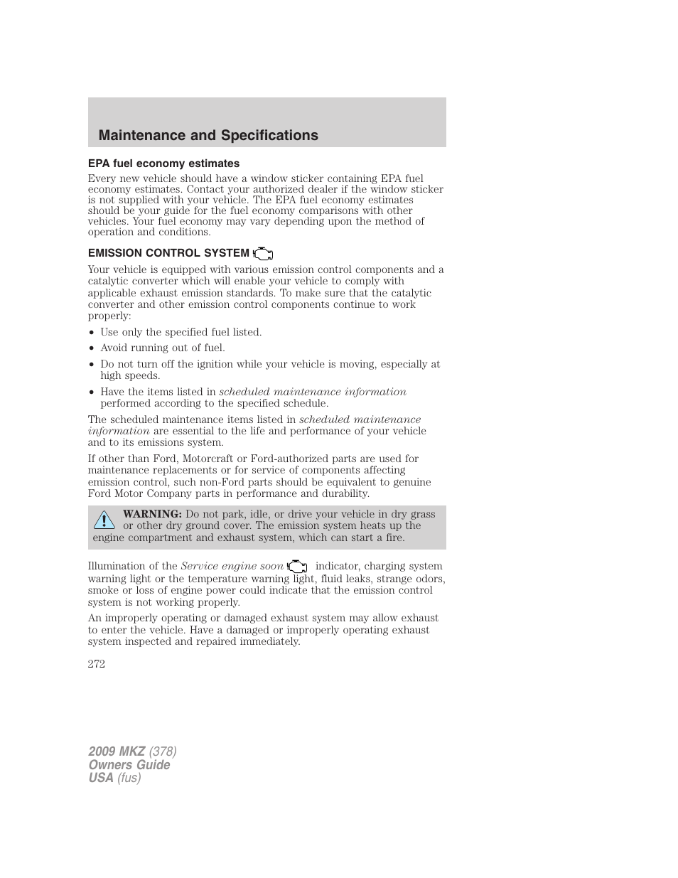 Epa fuel economy estimates, Emission control system, Maintenance and specifications | Lincoln 2009 MKZ User Manual | Page 272 / 292