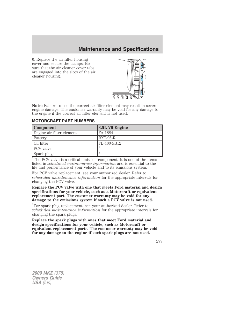 Motorcraft part numbers, Part numbers, Maintenance and specifications | Lincoln 2009 MKZ User Manual | Page 279 / 292