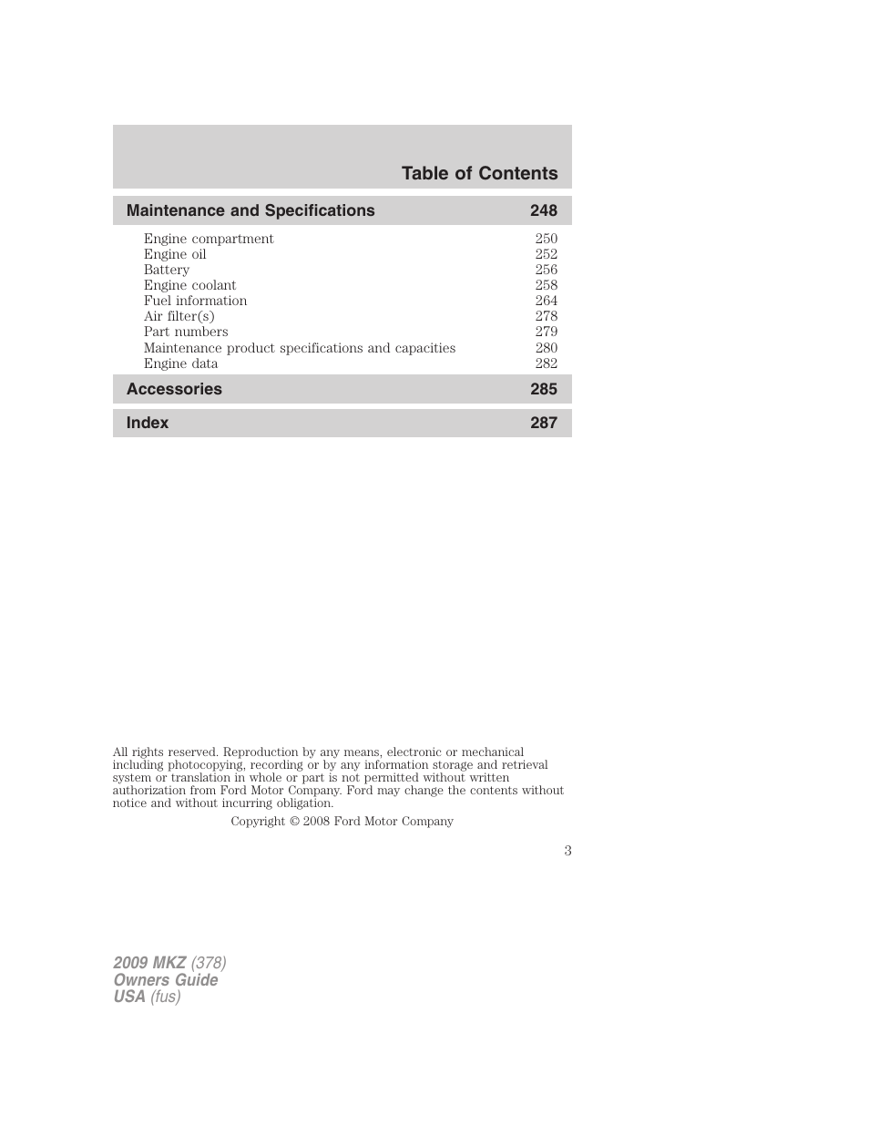Lincoln 2009 MKZ User Manual | Page 3 / 292