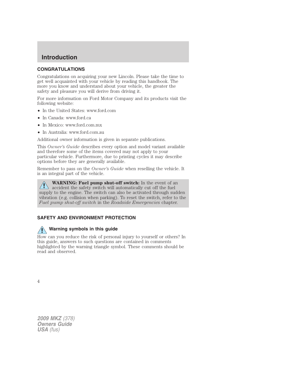 Introduction, Congratulations, Safety and environment protection | Warning symbols in this guide | Lincoln 2009 MKZ User Manual | Page 4 / 292