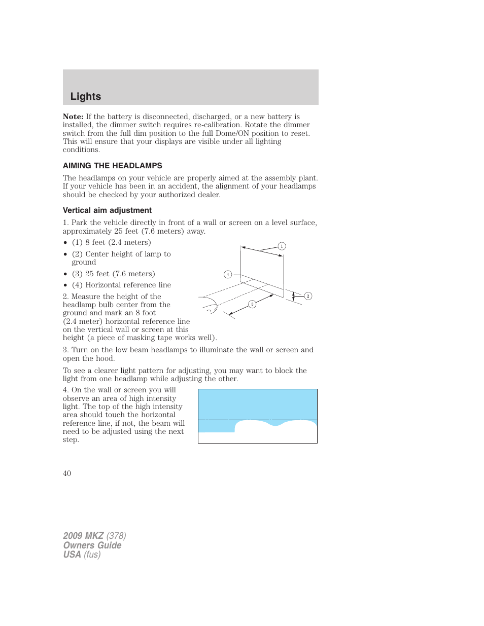 Aiming the headlamps, Vertical aim adjustment, Lights | Lincoln 2009 MKZ User Manual | Page 40 / 292