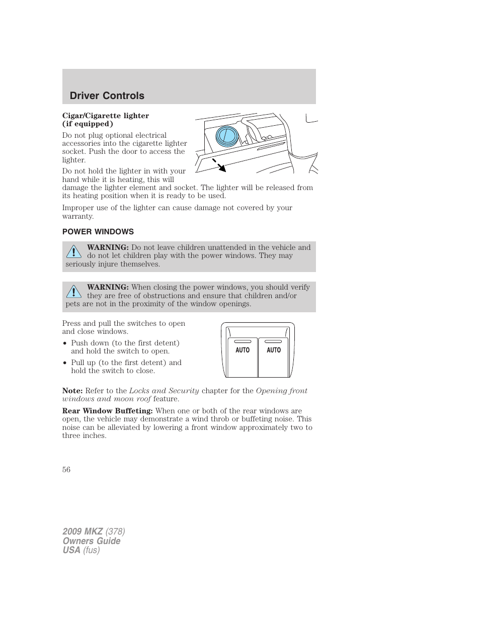 Power windows, Driver controls | Lincoln 2009 MKZ User Manual | Page 56 / 292
