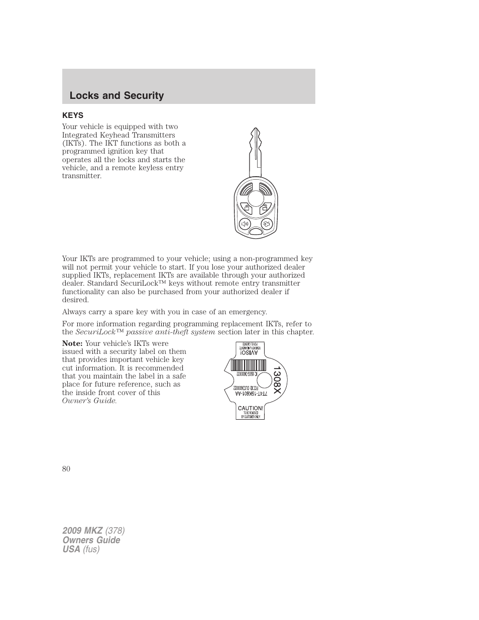 Locks and security, Keys | Lincoln 2009 MKZ User Manual | Page 80 / 292