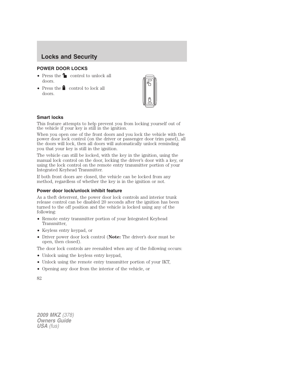 Power door locks, Smart locks, Power door lock/unlock inhibit feature | Locks, Locks and security | Lincoln 2009 MKZ User Manual | Page 82 / 292