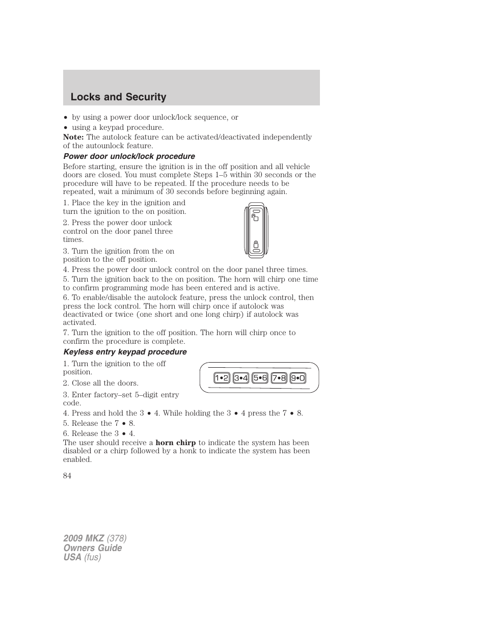 Power door unlock/lock procedure, Keyless entry keypad procedure, Locks and security | Lincoln 2009 MKZ User Manual | Page 84 / 292