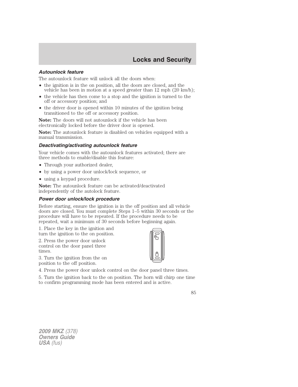 Autounlock feature, Deactivating/activating autounlock feature, Power door unlock/lock procedure | Locks and security | Lincoln 2009 MKZ User Manual | Page 85 / 292