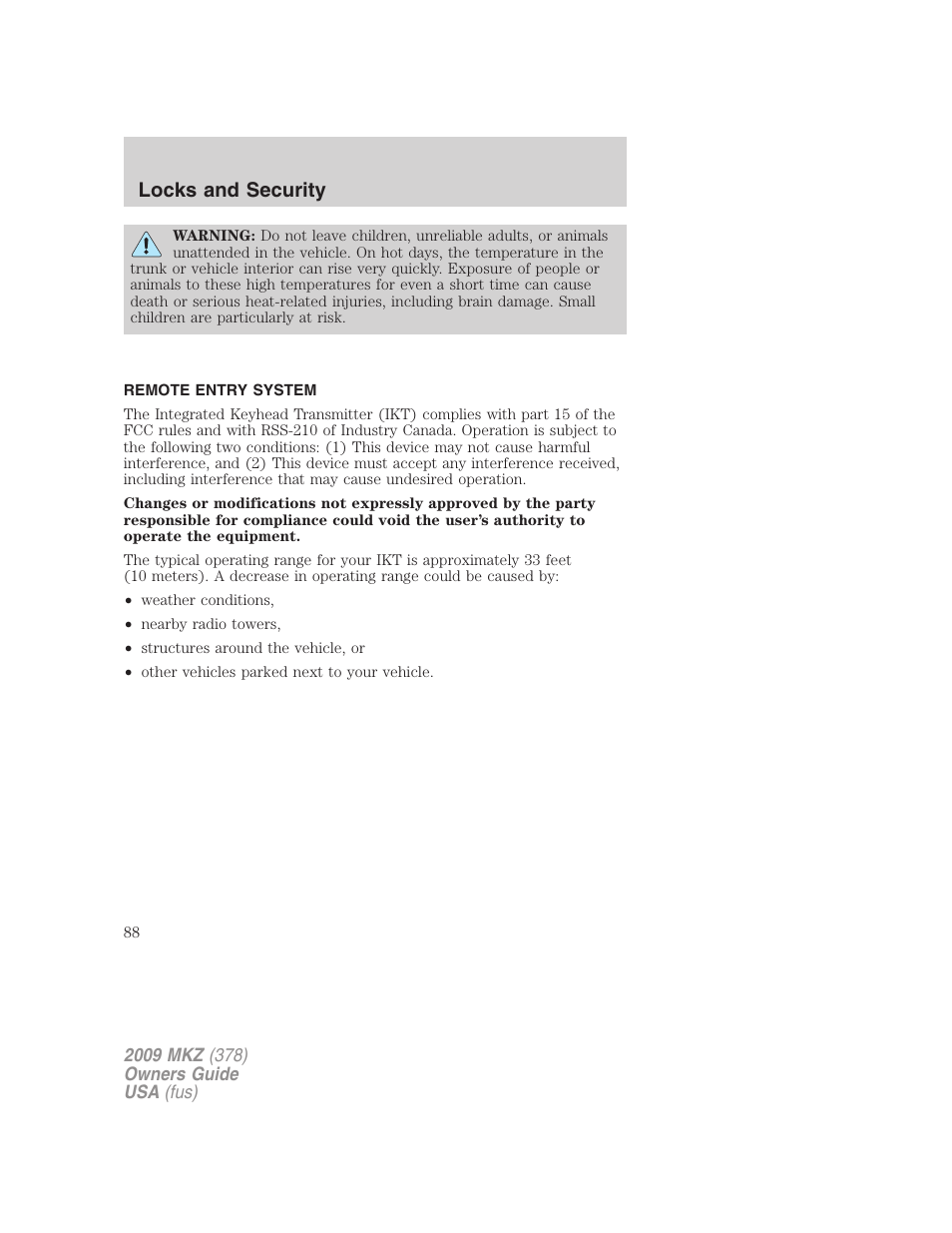 Remote entry system, Locks and security | Lincoln 2009 MKZ User Manual | Page 88 / 292