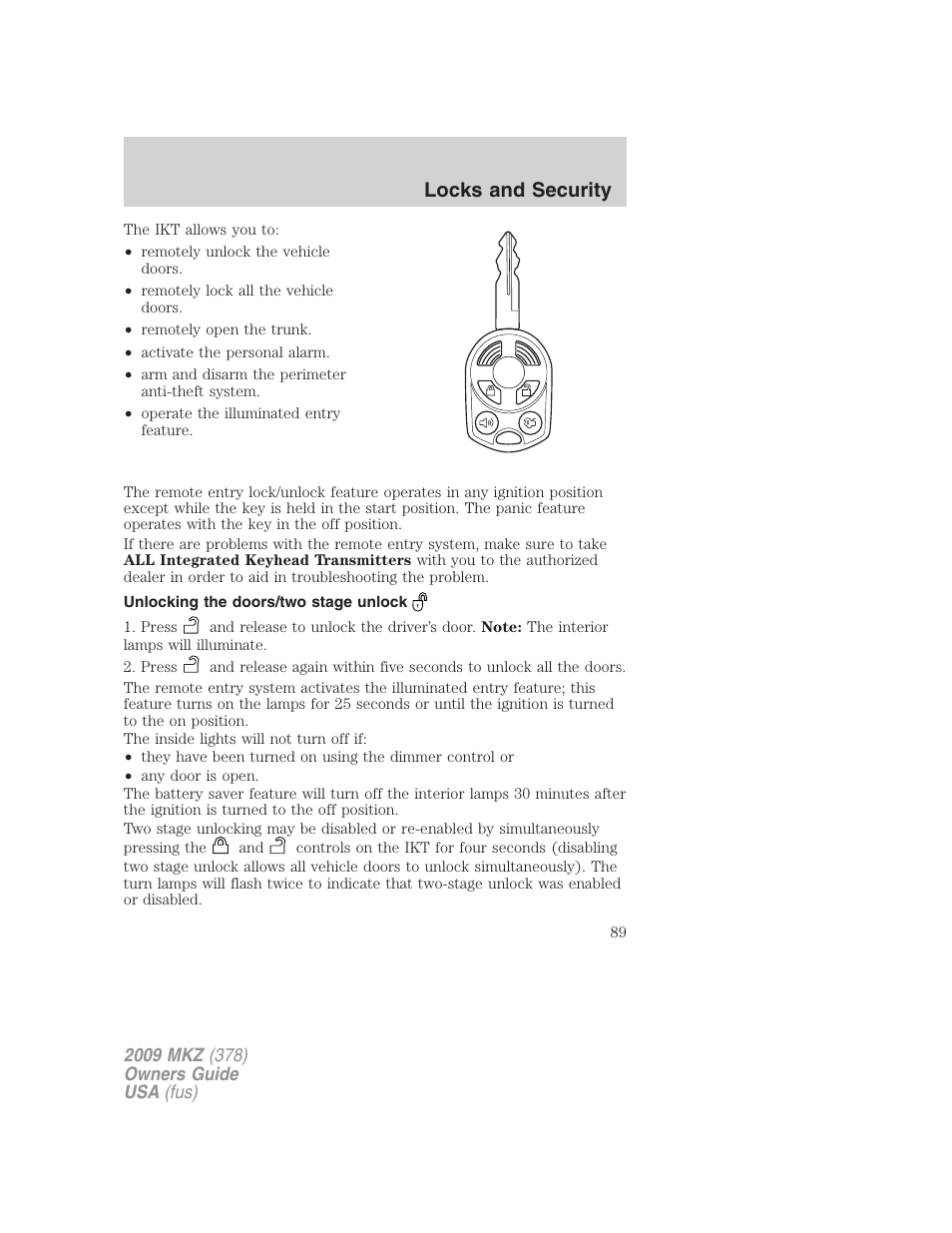 Unlocking the doors/two stage unlock, Locks and security | Lincoln 2009 MKZ User Manual | Page 89 / 292