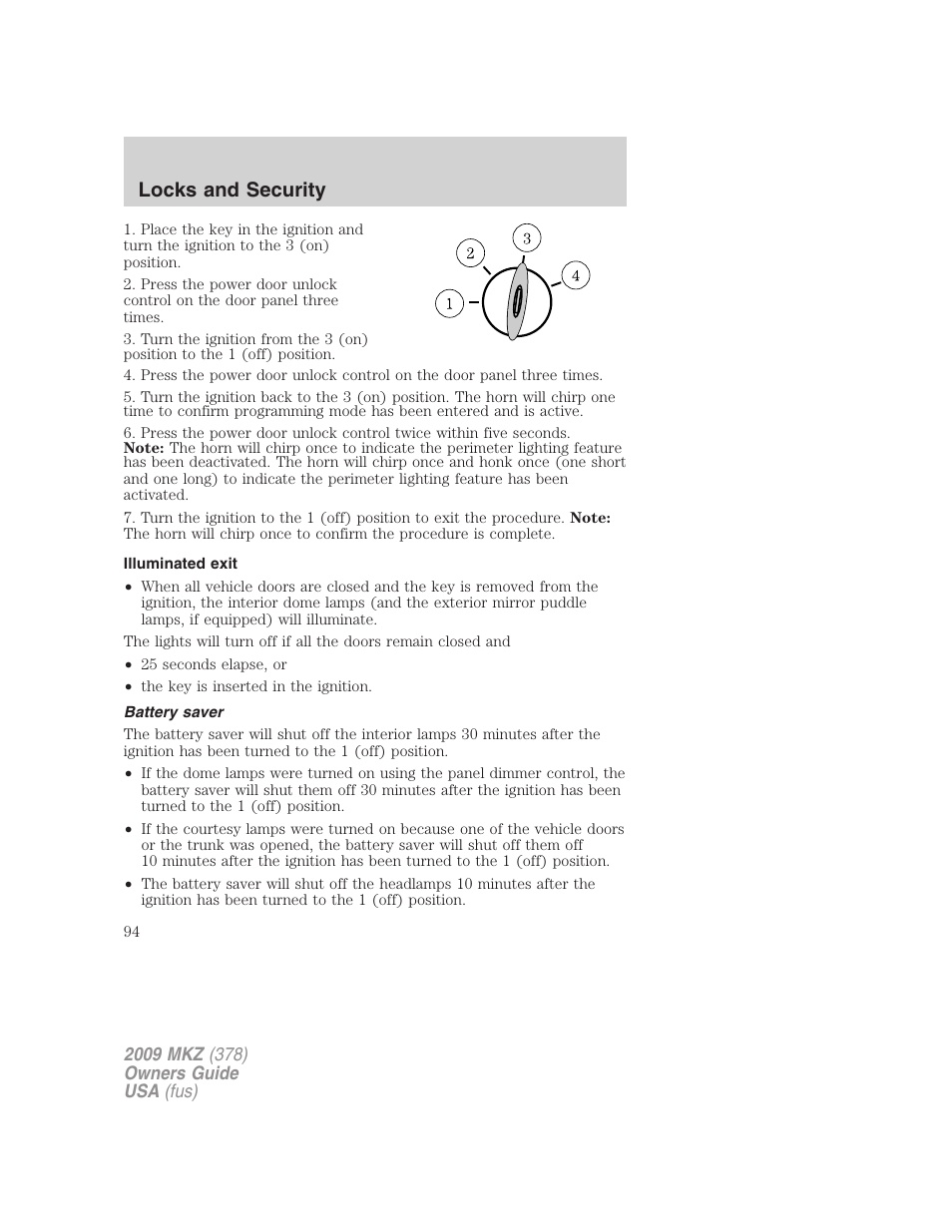 Illuminated exit, Battery saver, Locks and security | Lincoln 2009 MKZ User Manual | Page 94 / 292