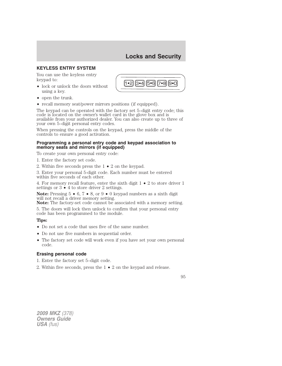 Keyless entry system, Erasing personal code, Locks and security | Lincoln 2009 MKZ User Manual | Page 95 / 292