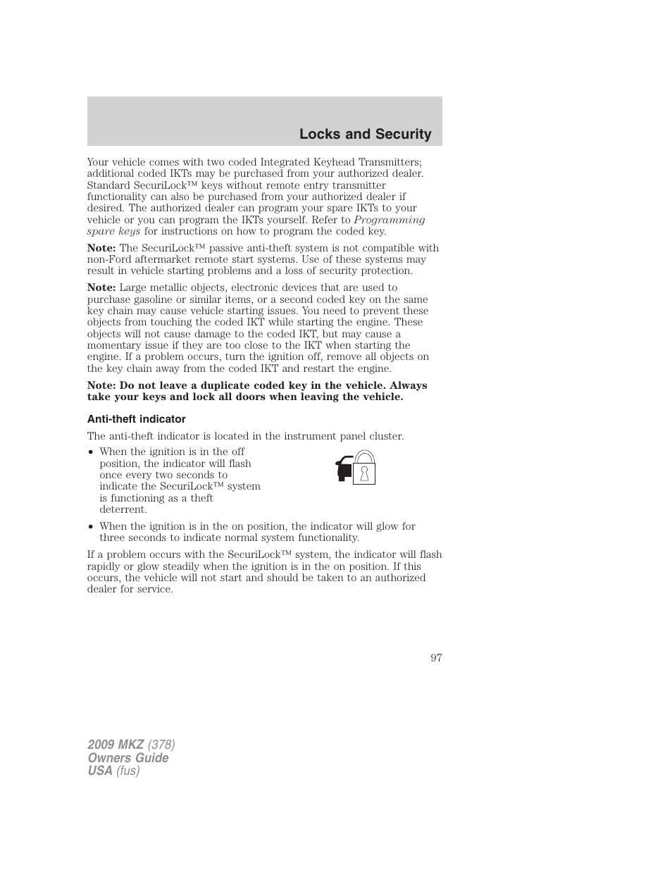 Anti-theft indicator, Locks and security | Lincoln 2009 MKZ User Manual | Page 97 / 292