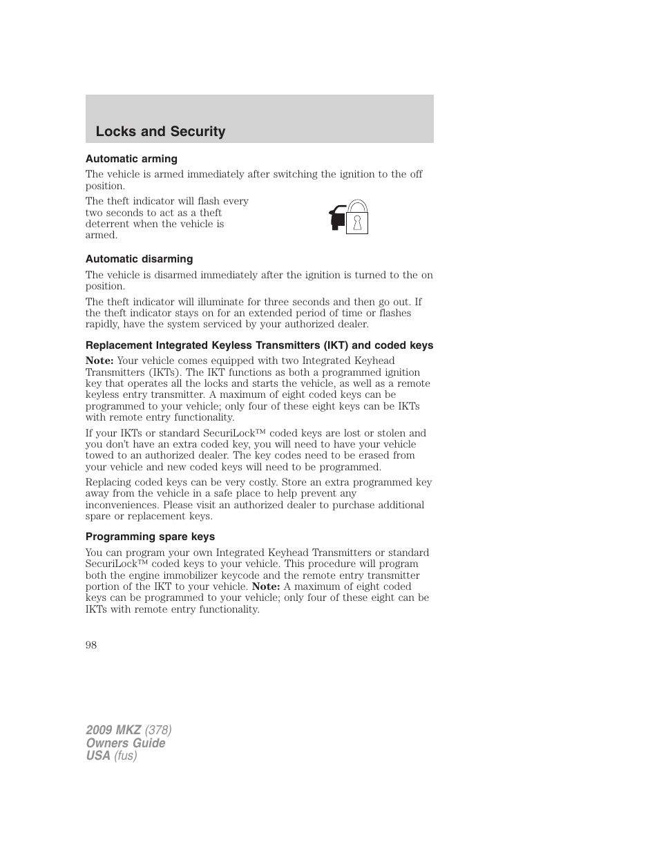 Automatic arming, Automatic disarming, Programming spare keys | Locks and security | Lincoln 2009 MKZ User Manual | Page 98 / 292