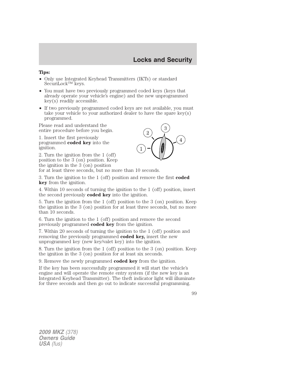 Locks and security | Lincoln 2009 MKZ User Manual | Page 99 / 292