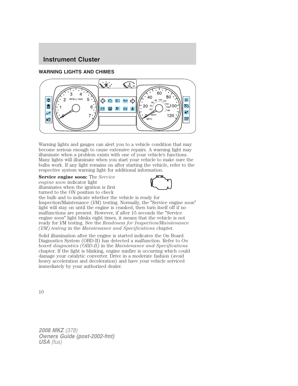 Instrument cluster, Warning lights and chimes | Lincoln 2008 MKZ User Manual | Page 10 / 280