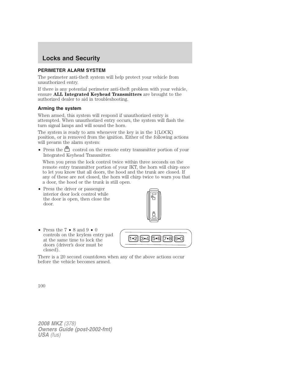 Perimeter alarm system, Arming the system, Locks and security | Lincoln 2008 MKZ User Manual | Page 100 / 280