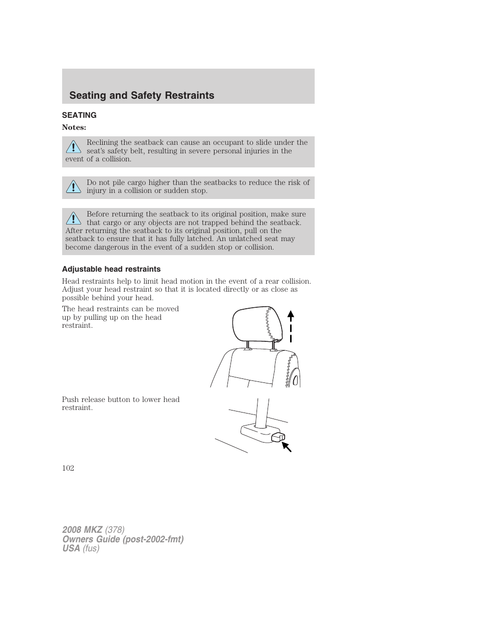 Seating and safety restraints, Seating, Adjustable head restraints | Lincoln 2008 MKZ User Manual | Page 102 / 280