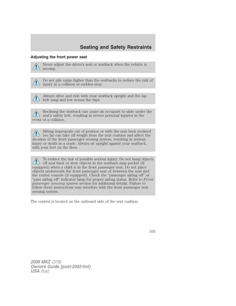 Adjusting the front power seat, Seating and safety restraints | Lincoln 2008 MKZ User Manual | Page 103 / 280