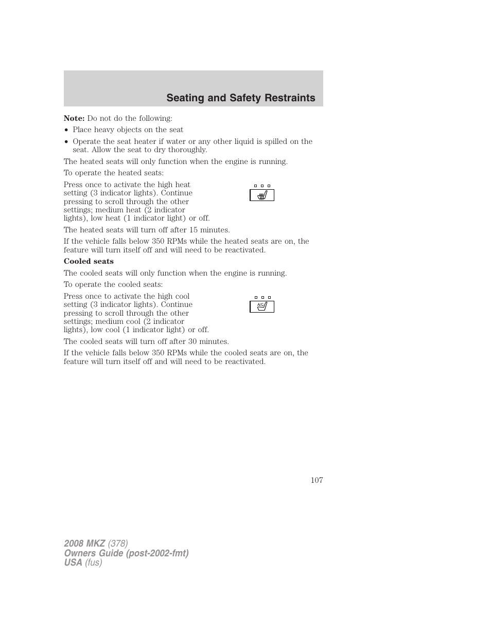 Seating and safety restraints | Lincoln 2008 MKZ User Manual | Page 107 / 280